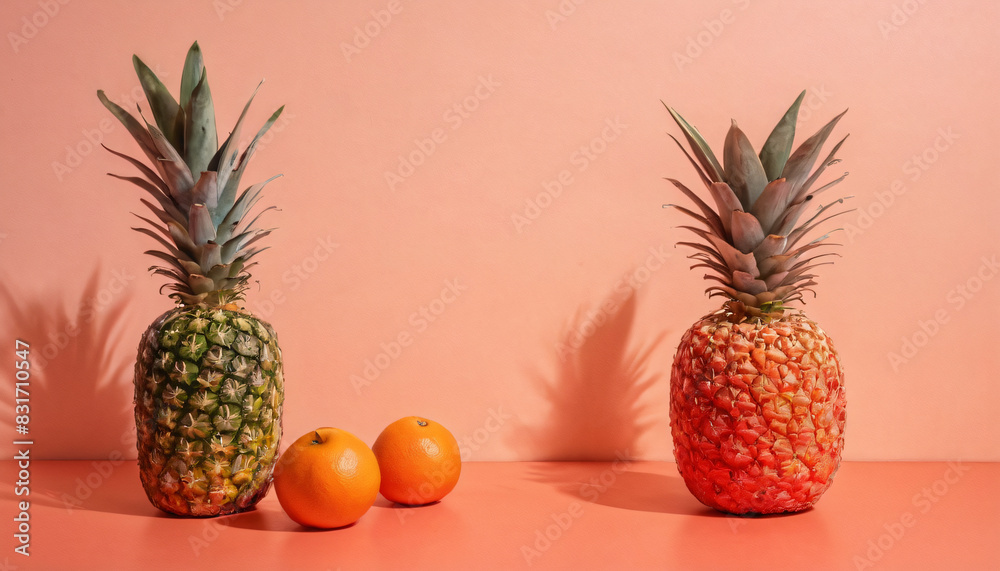 a green coral tone wall with texture and shadows, tropical fruits a green coral tone wall with texture and shadows, tropical fruits