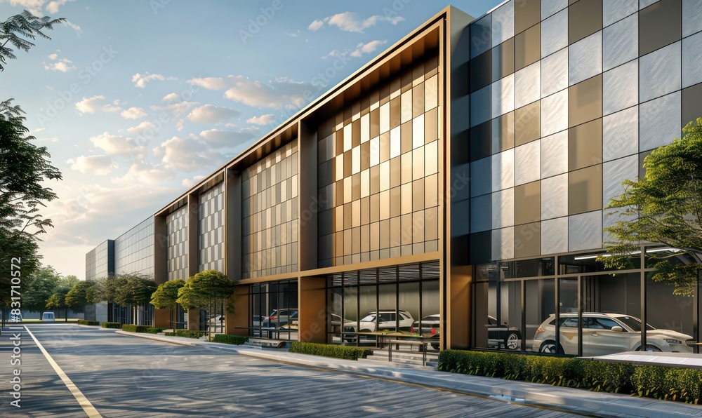modern warehouse industrial park exteriors with shinny board panels on the walls modern warehouse industrial park exteriors with shinny board panels on the walls