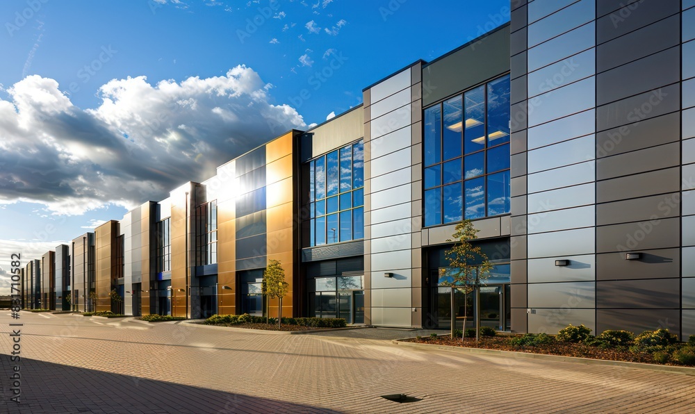 modern warehouse industrial park exteriors with shinny board panels on the walls modern warehouse industrial park exteriors with shinny board panels on the walls