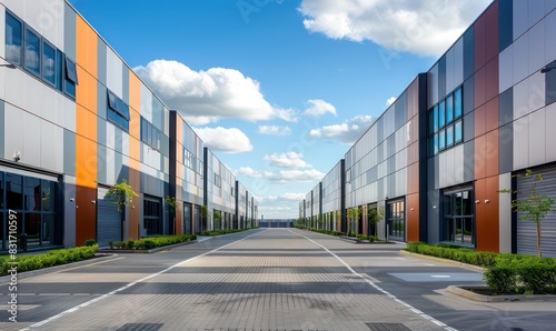 modern warehouse industrial park exteriors with shinny board panels on the walls