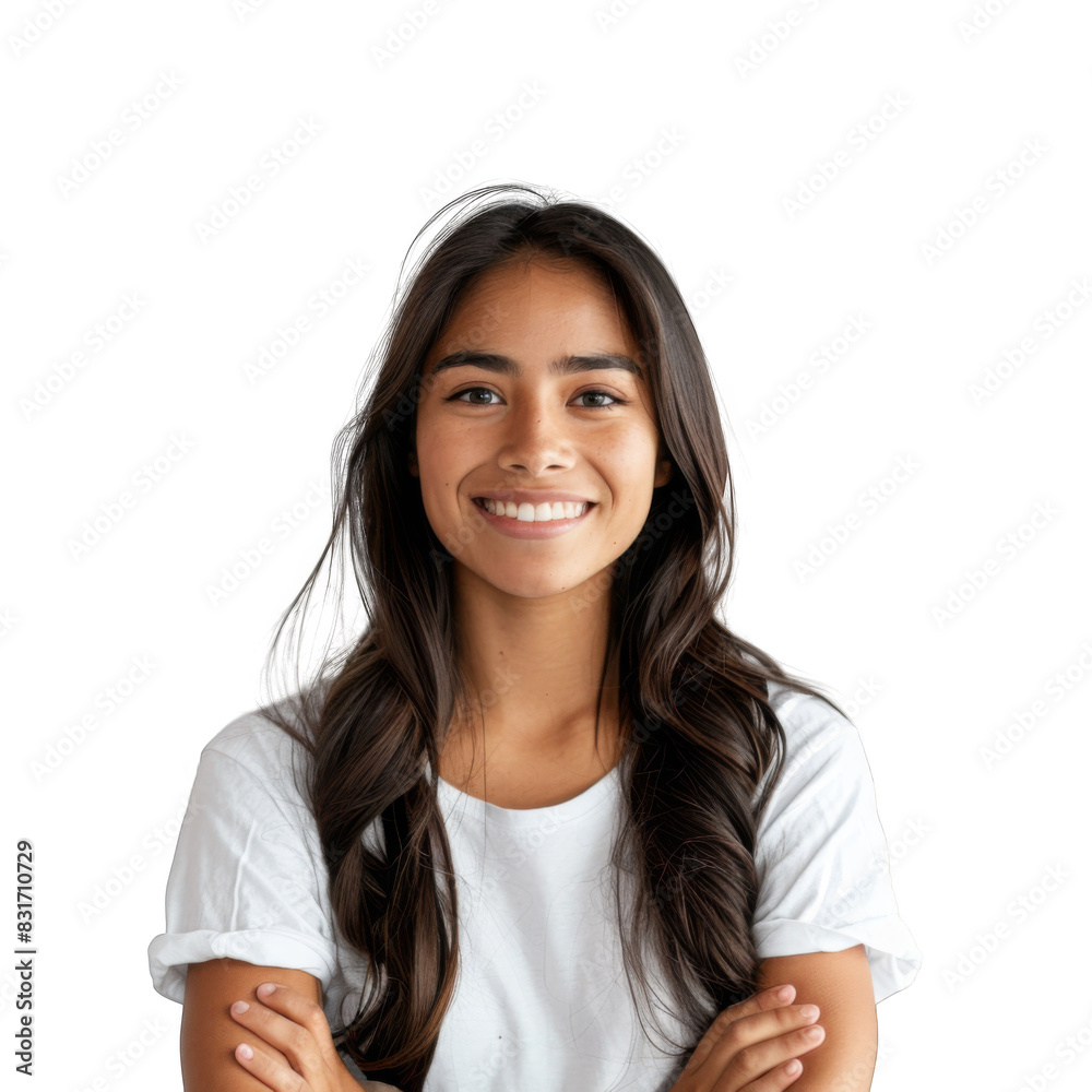 Beautiful girl with folded arms looking at camera. Cheerful hispanic woman, white background Beautiful girl with folded arms looking at camera. Cheerful hispanic woman, white background