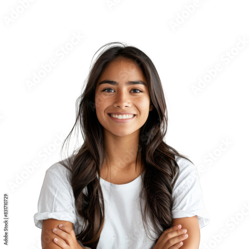 Beautiful girl with folded arms looking at camera. Cheerful hispanic woman, white background