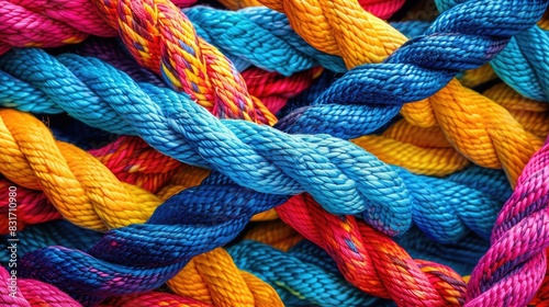 Close-up of Multicolor Twisted Ropes - Vibrant, Interwoven, Textured, Patterned, Closeup