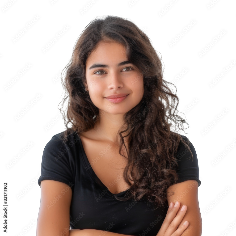 Beautiful girl with folded arms looking at camera. Cheerful hispanic woman, white background Beautiful girl with folded arms looking at camera. Cheerful hispanic woman, white background