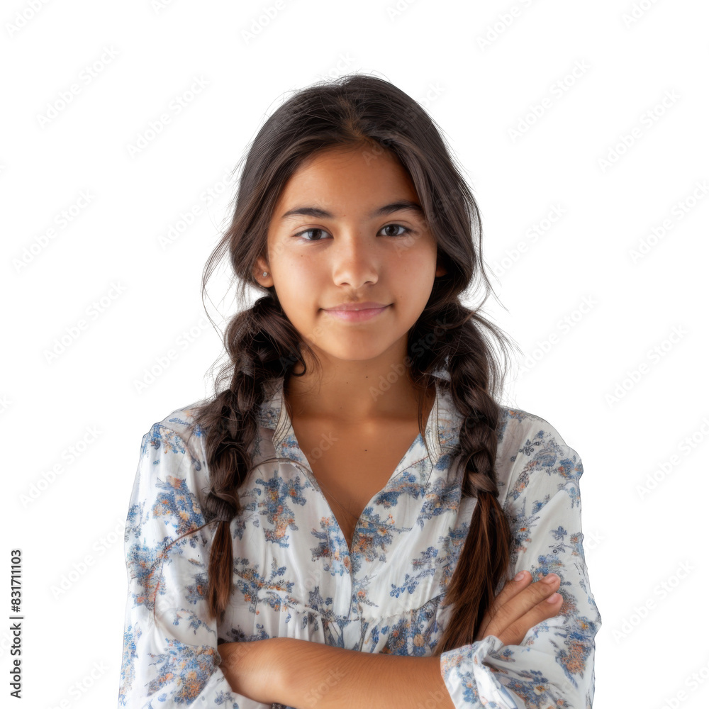 Beautiful girl with folded arms looking at camera. Cheerful hispanic woman, white background Beautiful girl with folded arms looking at camera. Cheerful hispanic woman, white background