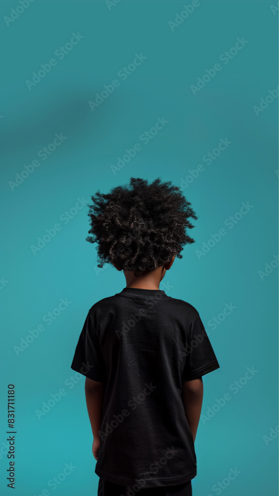 a black kid with wide black power hair, seen from his back, modeling, in a cyan background, wearing a black t-shirt a black kid with wide black power hair, seen from his back, modeling, in a cyan background, wearing a black t-shirt
