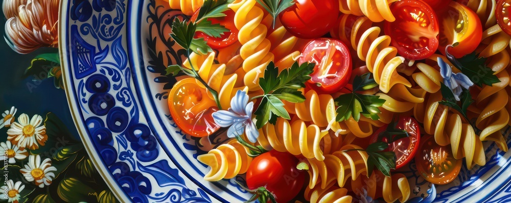rotini pasta banner flavoured with fresh parmesan cheese, tomatoes, parsley and others healthy ingredients, professional setting