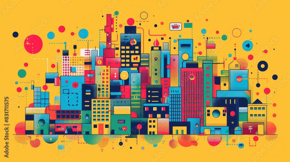 Colorful Abstract Urban Cityscape Illustration with Geometric Patterns and Vibrant Shapes Colorful Abstract Urban Cityscape Illustration with Geometric Patterns and Vibrant Shapes