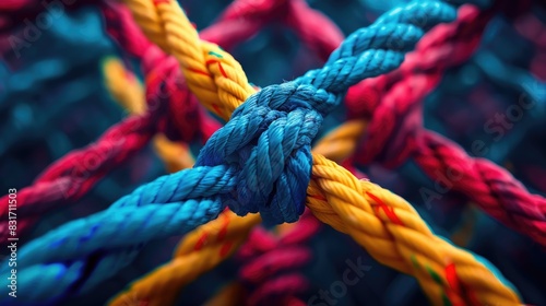 Colorful Ropes Entwined in Patterned Knot Showcasing Strength and Unity