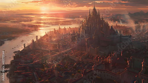 fantasy kingdom city, anime style illustration photo