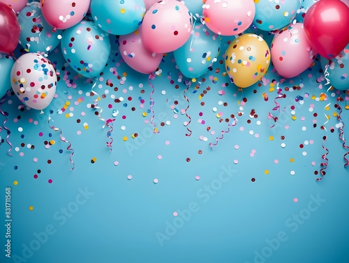 Carnival Atmosphere Balloons and Confetti Minimalist Design on Blue Background photo