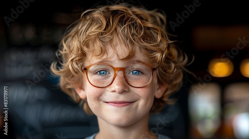 Young boy with glasses studying book by formulas on blackboard  elementary education concept