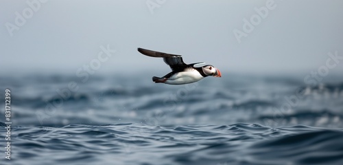 Close-up of an Atlantic puffin's vibrant beak, against a backdrop of rugged coastal scenery. 