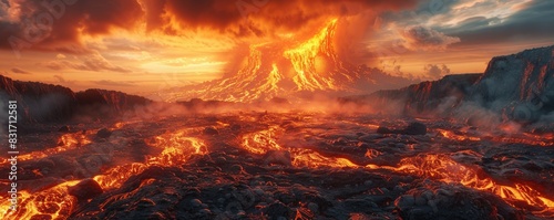 Volcanic eruption with lava flowing down a mountain.