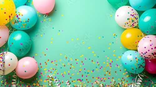 Carnival Atmosphere Created by Balloons Streamers and Confetti on Chartreuse Background