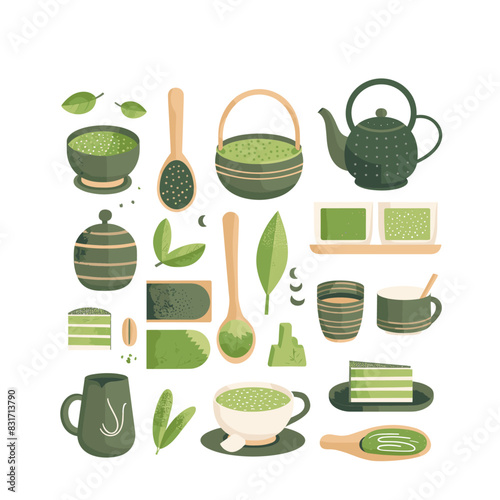 Various tea utensils in different shapes and sizes displayed on a wooden surface