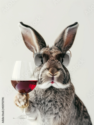 Trendy rabbit with sunglasses holding red wine, wagging tongue, happy expression in modern white decor.