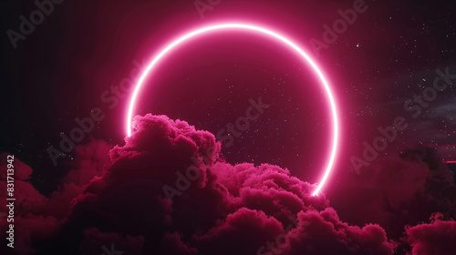 Deep pink neon ring casts a glowing light around swirling clouds in a dark night sky, 3D frame, photo