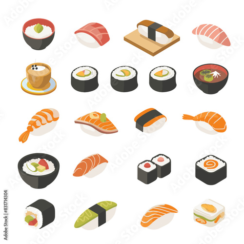 collection of isometric sushi icons in various colors