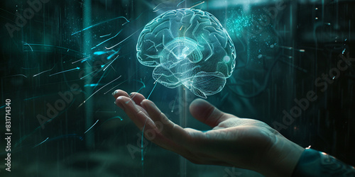 hand holding a humen brain and a circuit board with the word brain on it with dark background photo