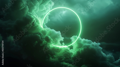 Luminous spring green neon encircles swirling clouds in a dark sky, rendered in 3D, photo