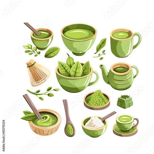 A collection of teacups, saucers, teapots, and loose green tea leaves on a wooden table