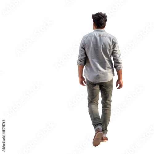 Casual modern man walking, back view, white background