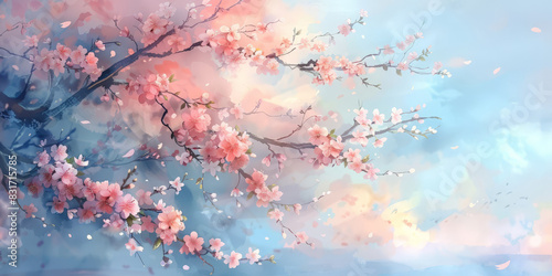 Delicate cherry blossom branch with pink flowers against a soft pastel sky creating a serene and dreamy springtime scene
