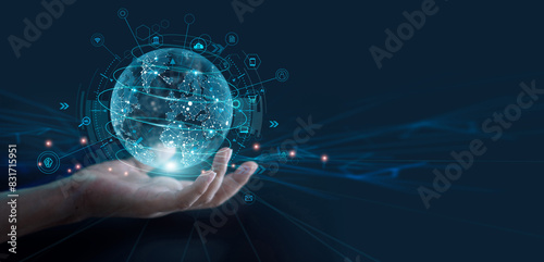 Hand holding globe with network connecting data of digital technology, cloud computing and ai artificial intelligence develop smart information transformant and global business development.