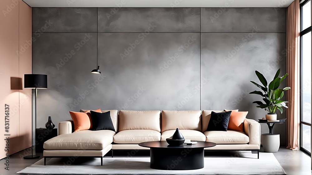 Peach fuzz trend color year 2024 in the premium livingroom. Painted mockup wall for art - microcement pastel beige taupe colour. Modern room design interior lounge. Accent apricot pillows. 3d render Peach fuzz trend color year 2024 in the premium livingroom. Painted mockup wall for art - microcement pastel beige taupe colour. Modern room design interior lounge. Accent apricot pillows. 3d render