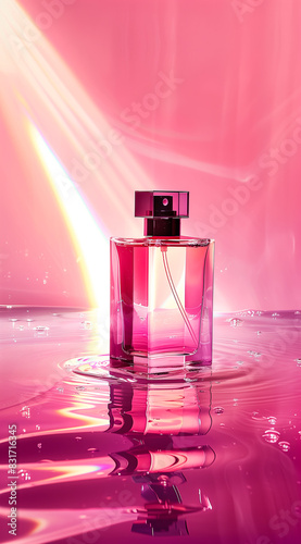 A luxury perfume bottle on an elegant surface, surrounded by an atmosphere of wealth. Perfume advertising theme for luxury brands with copy space for logo and text. © PHTASH