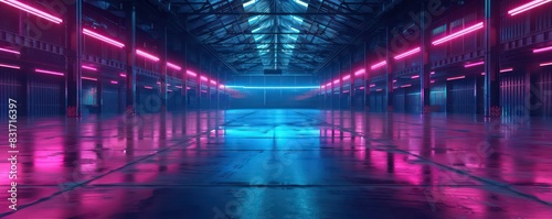 dark large studio warehouse in amazing neon blue and pink lights