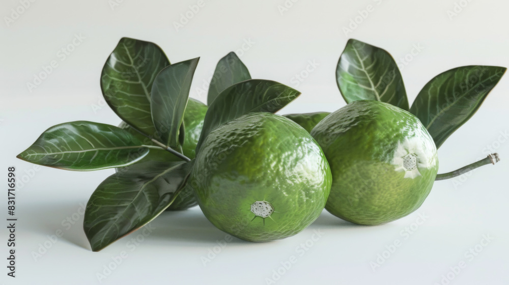 Close-up image of fresh green limes with attached leaves, showcasing their vibrant color and texture. Close-up image of fresh green limes with attached leaves, showcasing their vibrant color and texture.
