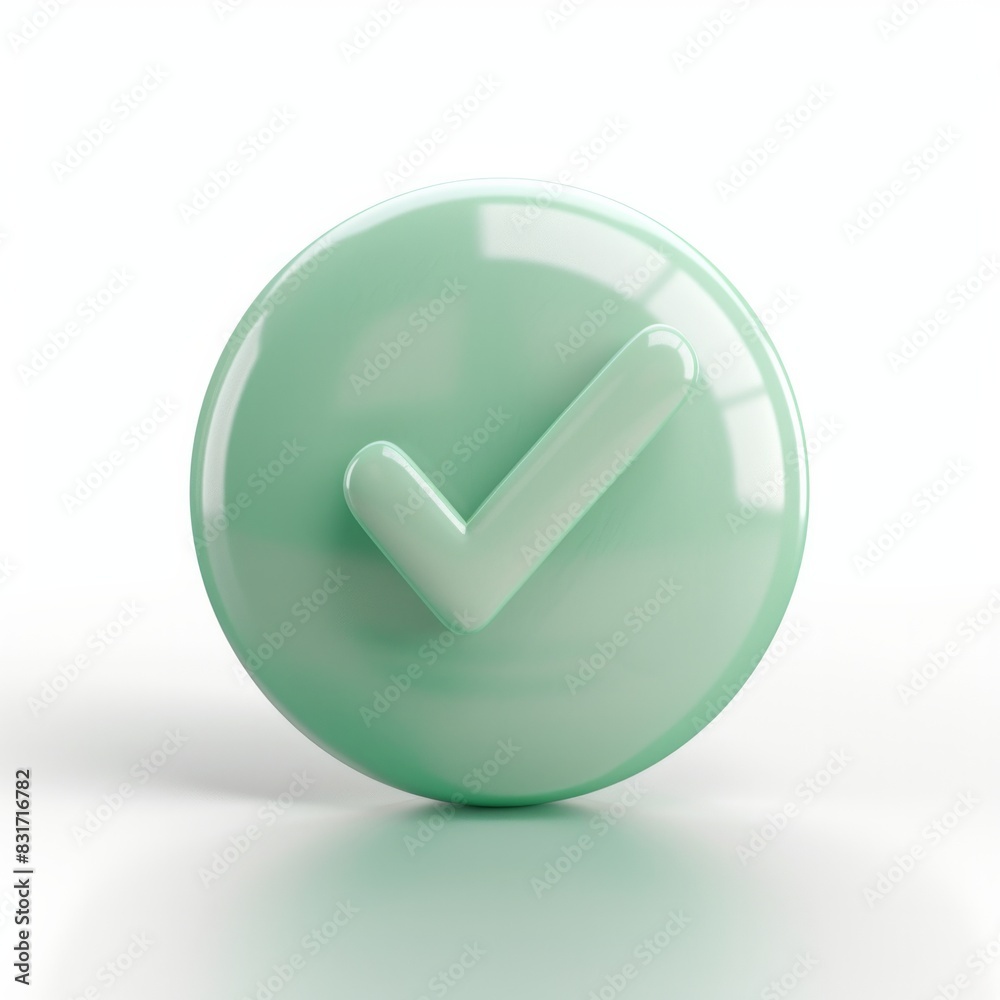 3d icon of circle shape with a tick mark on it in green pastel color with white backgroun, AI Generative 3d icon of circle shape with a tick mark on it in green pastel color with white backgroun, AI Generative
