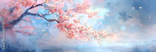 Delicate cherry blossom branch with pink flowers against a soft pastel sky creating a serene and dreamy springtime scene
