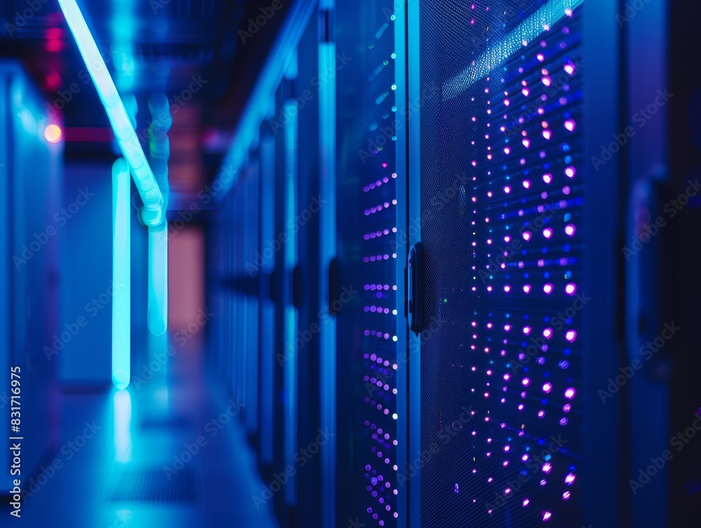 Fototapeta premium Futuristic data center aglow with blue neon hues