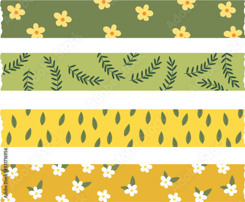 Vector set of Washi tapes with leaves and flowers
