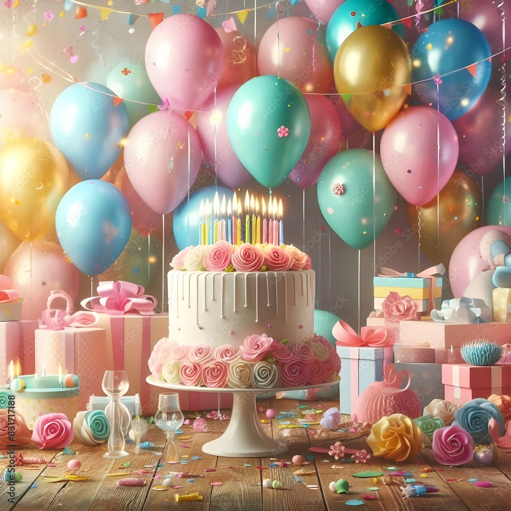birthday cake with candles and balloons