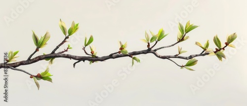 single branch with few leaves banner isolated on a white background, realistic and minimal