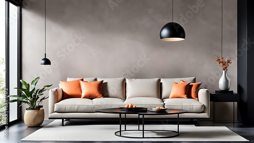  Peach fuzz trend color year 2024 in the premium livingroom. Painted mockup wall for art - microcement pastel beige taupe colour. Modern room design interior lounge. Accent apricot pillows. 3d render  photo
