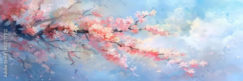 Delicate cherry blossom branch with pink flowers against a soft pastel sky creating a serene and dreamy springtime scene
