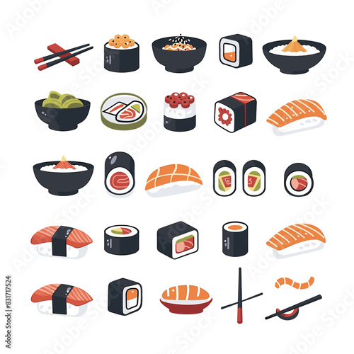variety of sushi rolls displayed in a isometric perspective