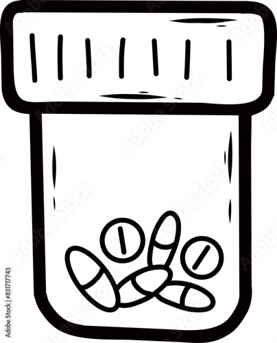 Medical container with pills and vitamins. Vector illustration in doodle style.