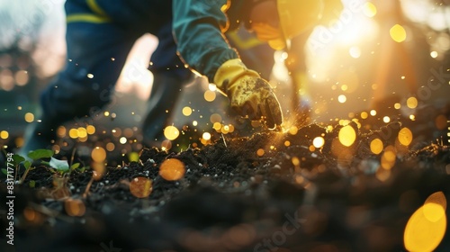 Workers in protective gear carefully extracting digital coins from the earth using specialized tools. photo