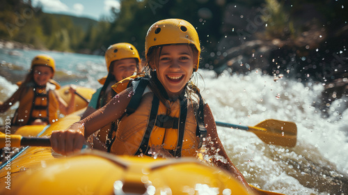 Young family having fun whitewater river rafting in the summer. photo