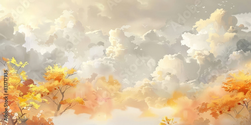 Dreamy autumn landscape with vibrant golden clouds reflecting on a serene lake surrounded by colorful foliage and gentle mist 
