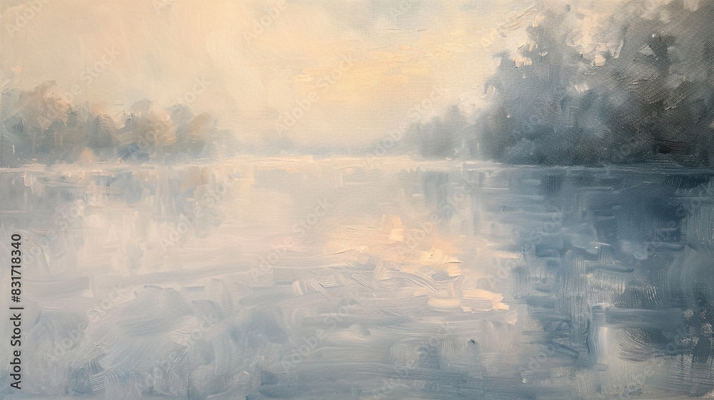 Oil painting depicting a misty summer morning on a lake with soft gray and blue tones, Oil painting depicting a misty summer morning on a lake with soft gray and blue tones,