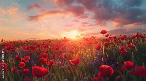 poppy field at sunset.