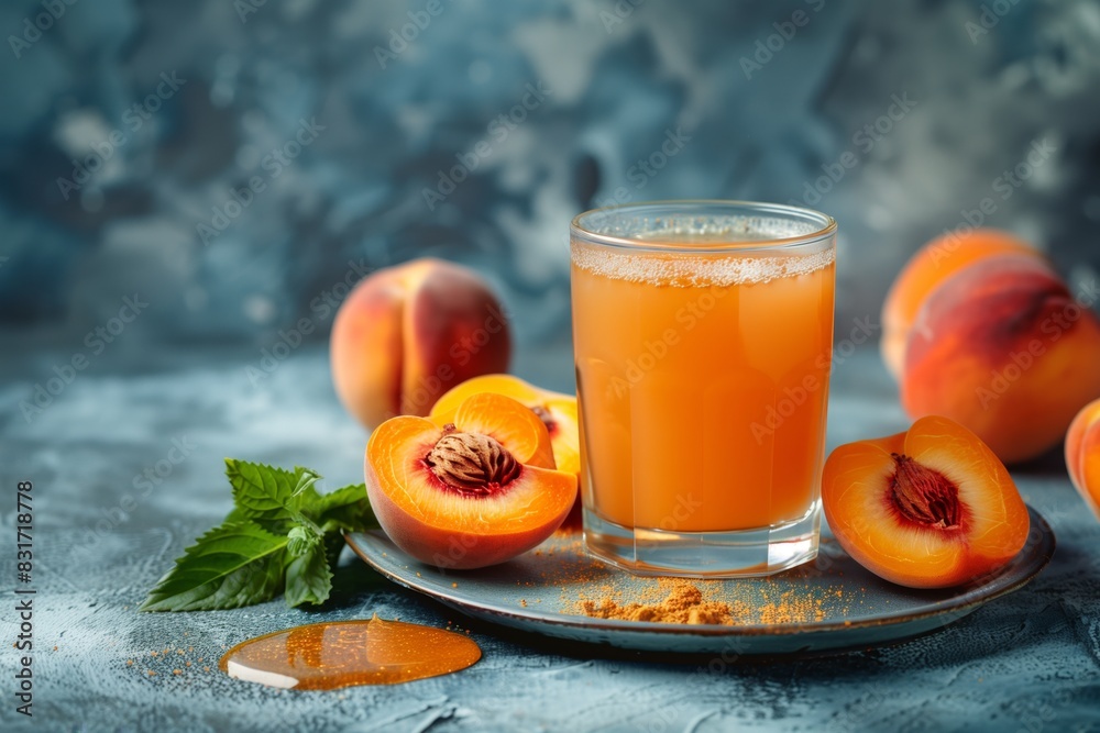 a beautiful serving of peach juice with peach slices a beautiful serving of peach juice with peach slices