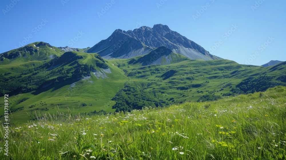 Mountain covered in green under a clear blue sky